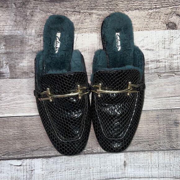 Clarks Pure 2 Mule Black Leather Gold Bit Shearling Slip On Slides Slippers | Si - Picture 1 of 5